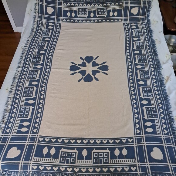 unbranded Other - Cottagecore Blue Heart Woven Tapestry Throw Fringe Blanket Reversible Vtg